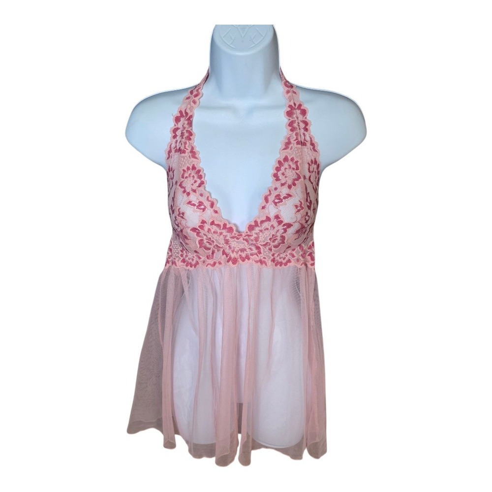 Victoria Secret Pink Lace Halter Babydoll Chemise Lingerie Medium Floral Whimsyl